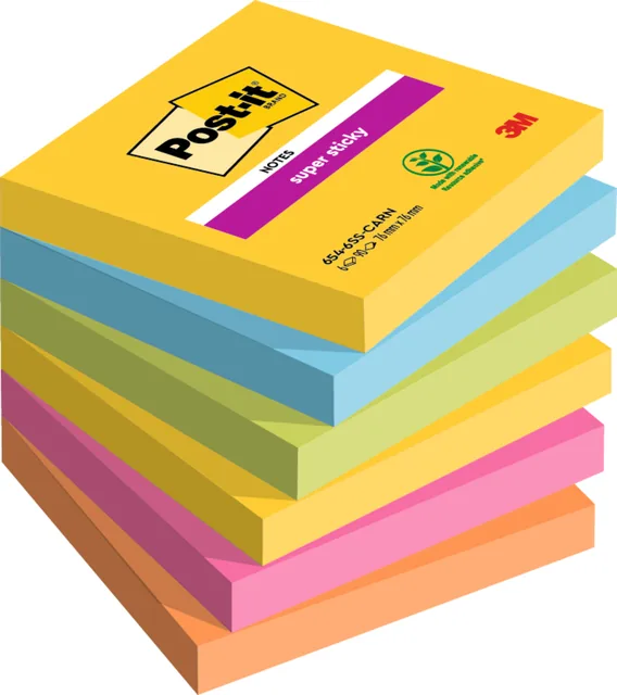 Memoblok Post-it 654 Super Sticky 76x76mm Carnival