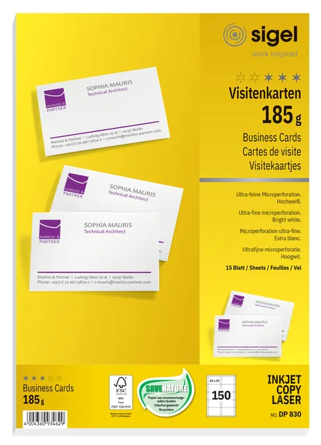 Visitekaart Sigel 85x55mm blanco 185gr wit