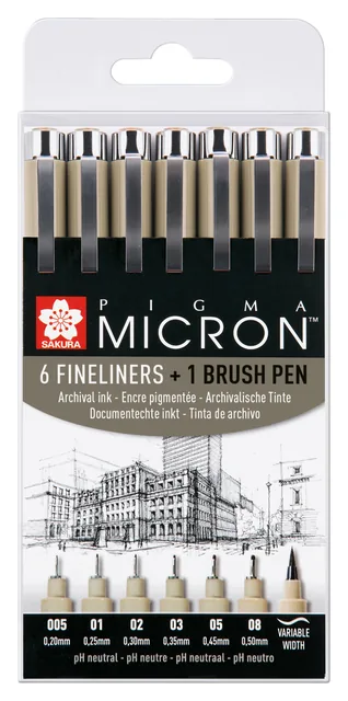 Fineliner Sakura Pigma Micron 6 stuks met brushpen