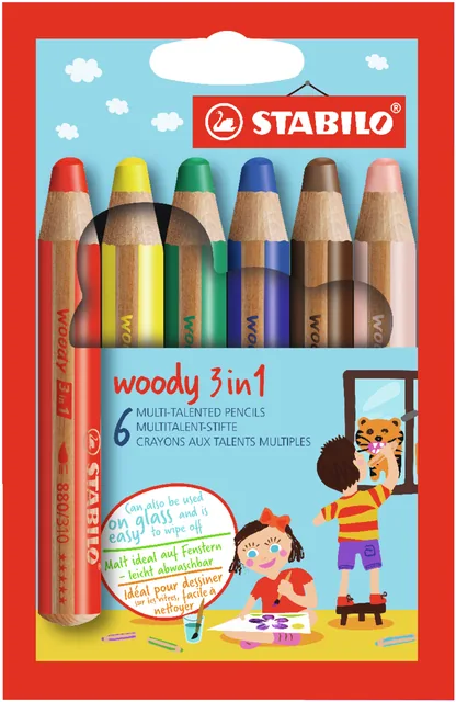 Kleurpotlood STABILO 880 woody 3 in 1 6st assorti