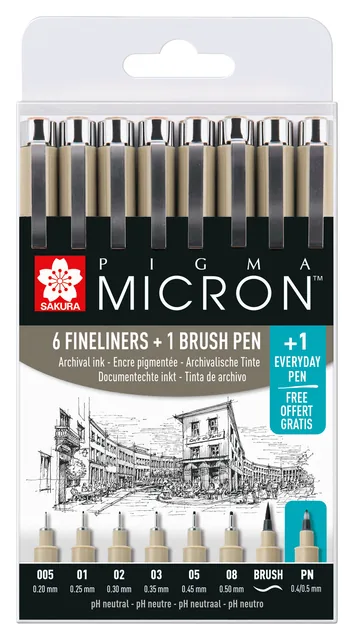 Fineliner Sakura PM 6 breedtes brushpen PN zwart