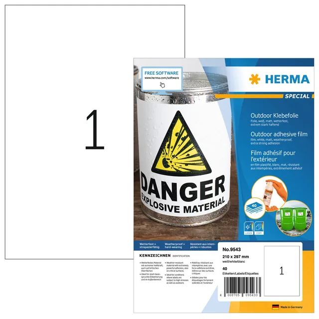 Etiket HERMA 9543 210x297mm A4 polyester wit 40st