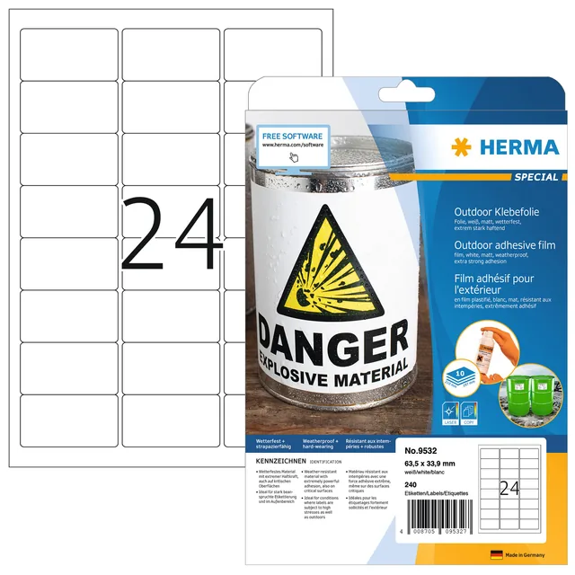 Etiket HERMA 9532 63.5x33.9mm 240st folie wit