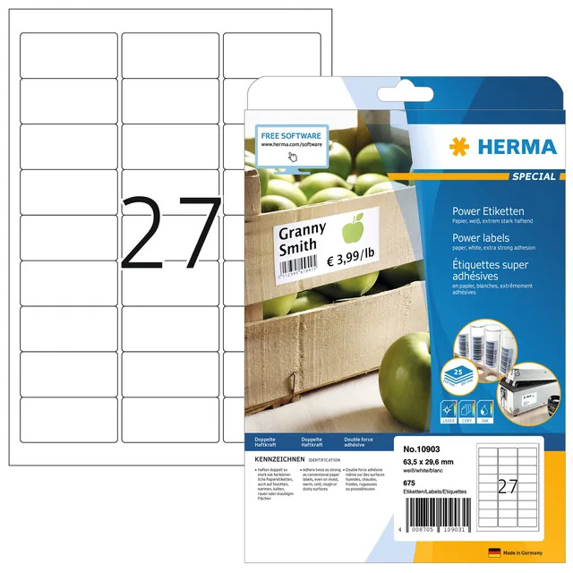 Etiket HERMA Power 10903 63.5x29.6mm wit 675st