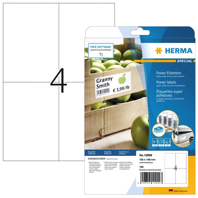 Etiket HERMA Power 10909 105x148mm wit 100st