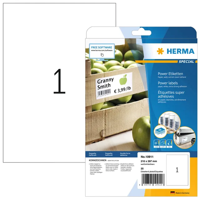 Etiket HERMA Power 10911 210x297mm wit 25st
