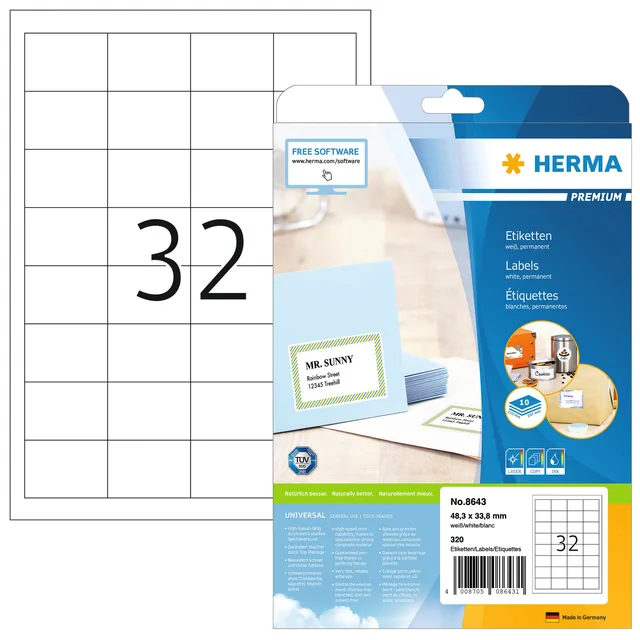 Etiket HERMA 8643 48.3x33.8mm premium wit 320st