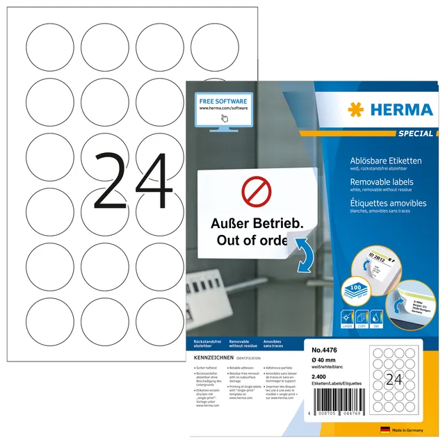 Etiket HERMA 4476 40mm verwijderbaar wit 2400st