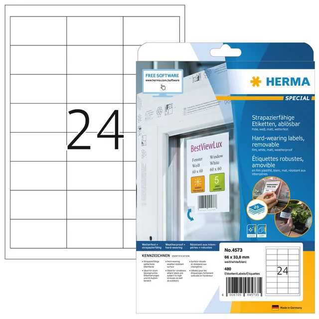 Etiket HERMA 4573 66x33.8mm folie wit 480st