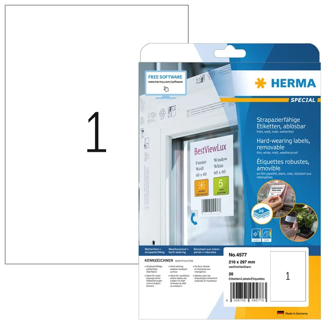 Etiket HERMA 4577 210x297mm A4 folie wit 20st