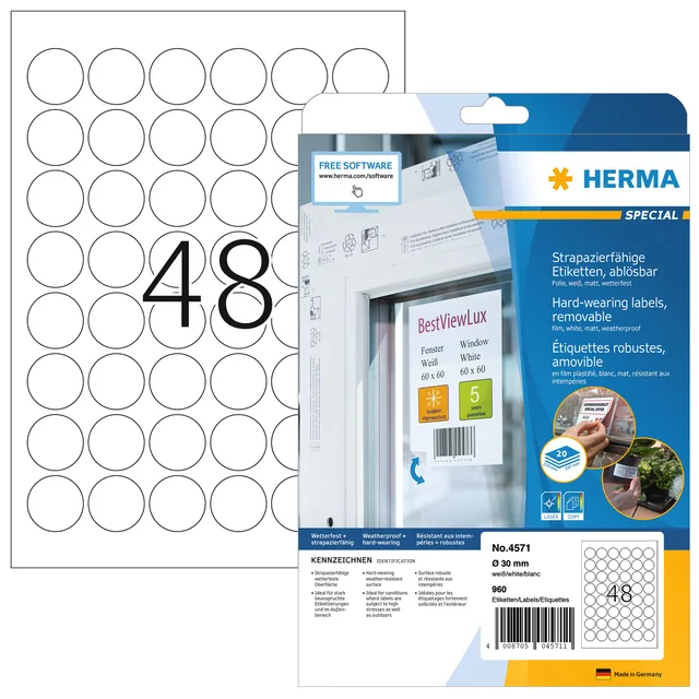 Etiket HERMA 4571 30mm rond folie wit 960st