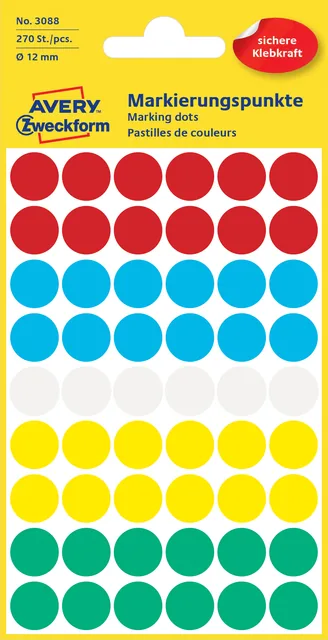 Etiket Avery 3088 rond 12mm assorti 270st