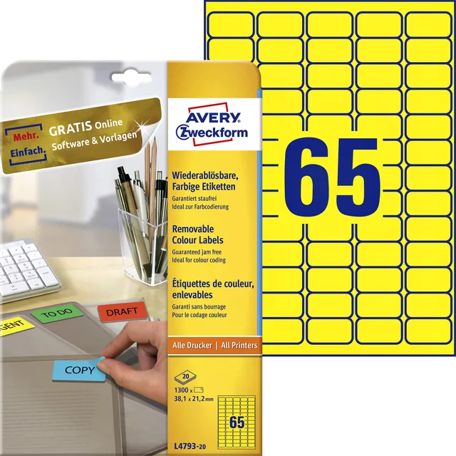 Etiket Avery L4793-20 38.1x21.2mm geel 1300st