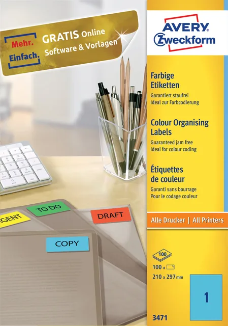 Etiket Avery 3471 210x297mm A4 blauw 100st