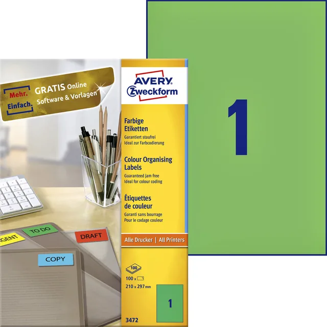 Etiket Avery 3472 210x297mm A4 groen 100st