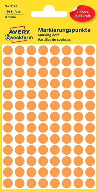 Etiket Avery 3178 rond 8mm oranje 416st
