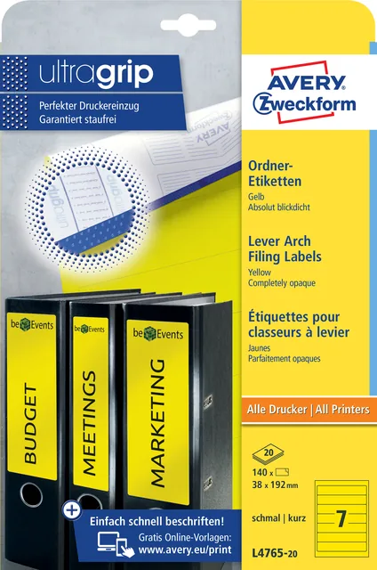 Rugetiket Avery smal 38x192mm zelfklevend geel