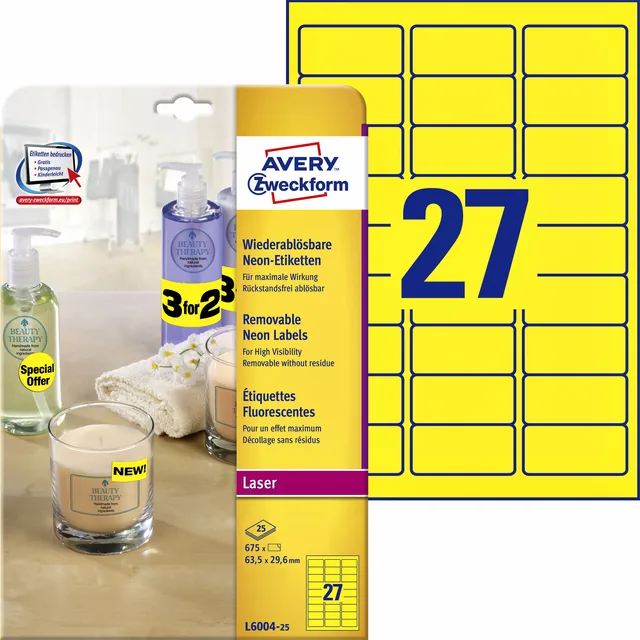 Etiket Avery L6004-25 63.5x29.6 neon geel 675st
