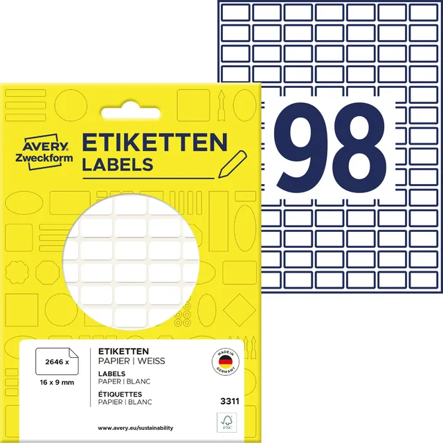 Etiket Avery 3311 16x9mm wit 2646st
