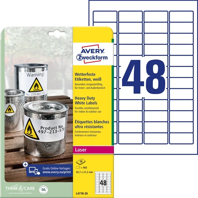 Etiket Avery L4778-20 45.7x21.2mm wit 960st