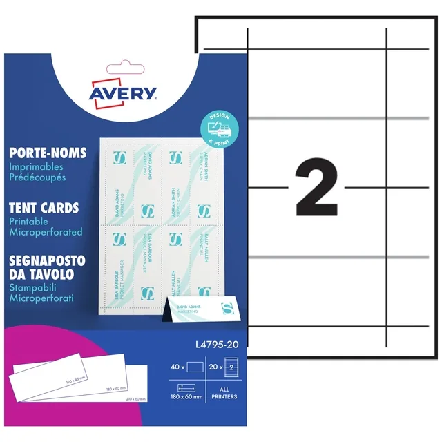 Tentkaart Avery L4795-20 180x60mm wit 40st