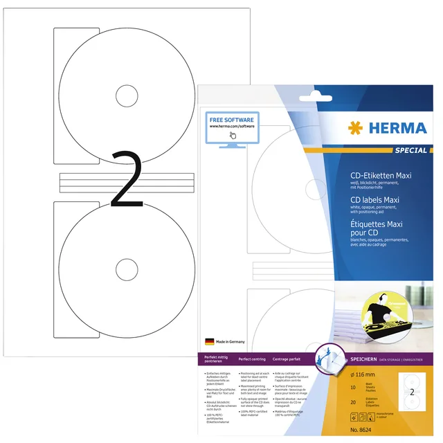 Etiket HERMA 8624 CD 116mm wit opaqua 20st