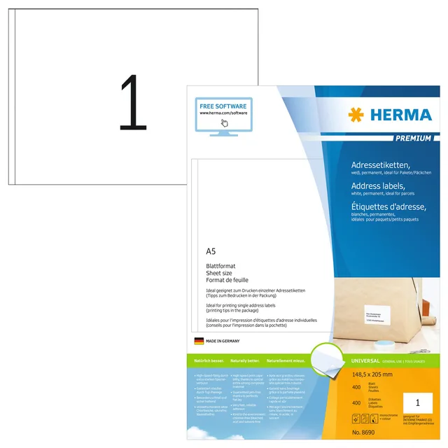 Etiket HERMA 8690 148.5x205mm premium wit 400st