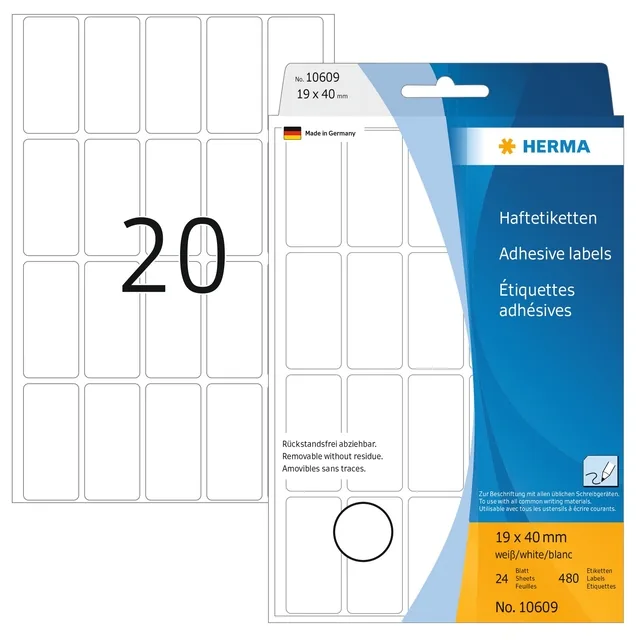Etiket HERMA 10609 19x40mm verwijderbaar wit 480st