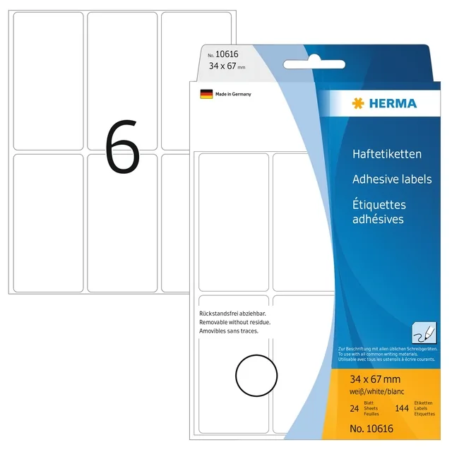 Etiket HERMA 10616 34x67mm verwijderbaar wit 144st