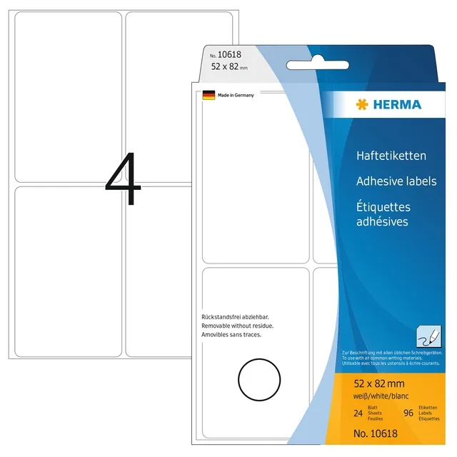 Etiket HERMA 10618 52x82mm verwijderbaar wit 96st