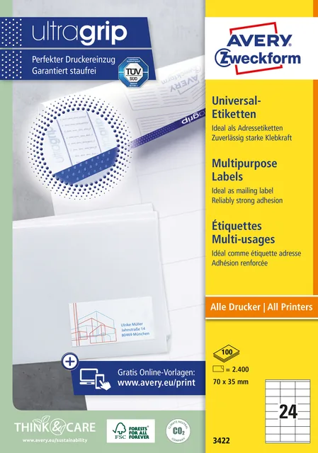 Etiket Avery 3422 70x35mm wit 2400st