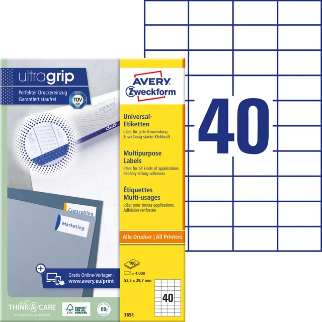 Etiket Avery 3651 52.5x29.7mm wit 4000st