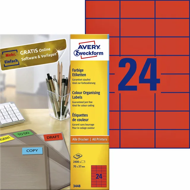 Etiket Avery 3448 70x37mm rood 2400st