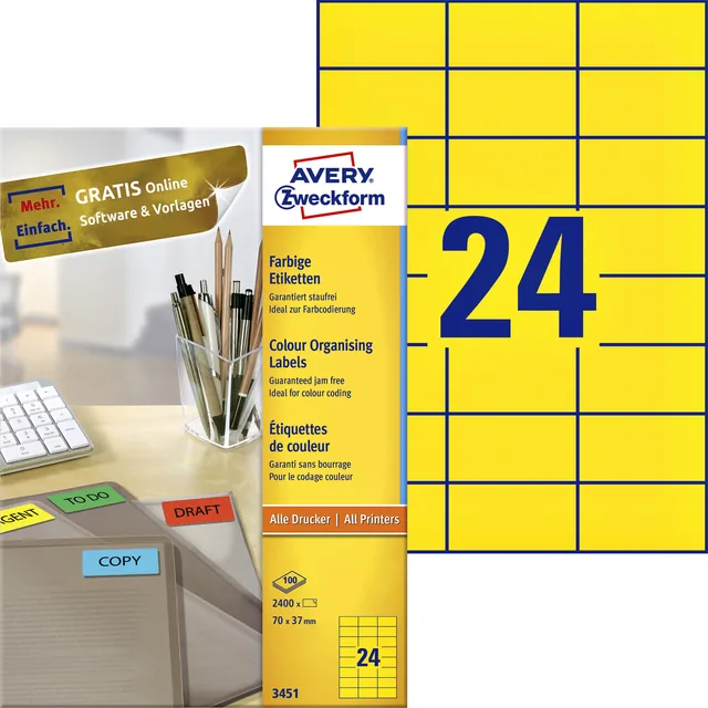 Etiket Avery 3451 70x37mm geel 2400st