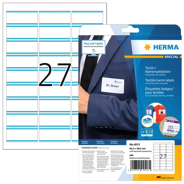Naambadge etiket HERMA 4513 63.5x29.6mm wit blauw