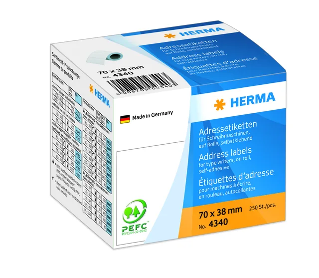 Etiket HERMA adres 4340 70x38mm wit 250st op rol