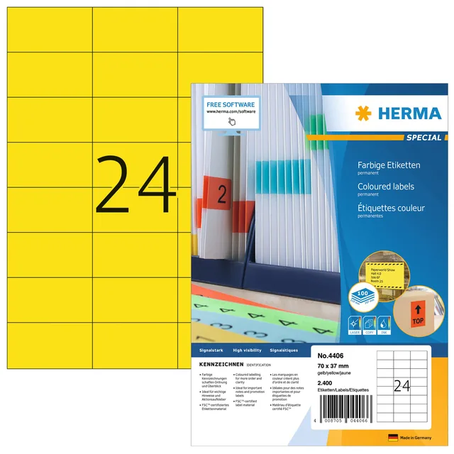 Etiket HERMA 4406 70x37mm geel 2400st