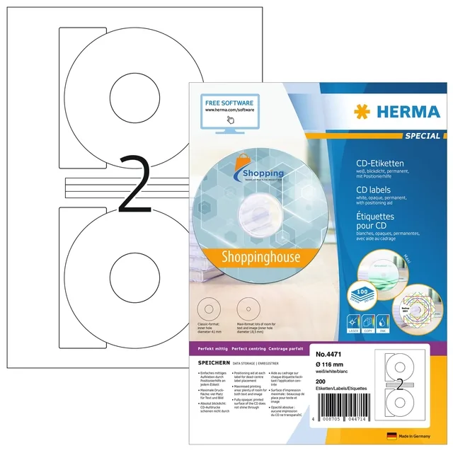 Etiket HERMA 4471 CD 116mm wit opaqua 200st