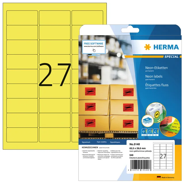 Etiket HERMA 5140 63.5x29.6mm neon geel 540st