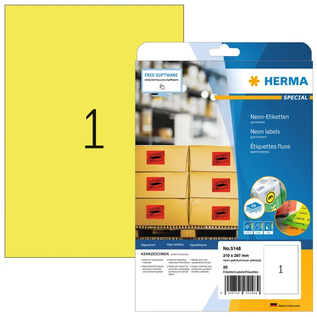 Etiket HERMA 5148 210x297mm A4 fluor geel 20st