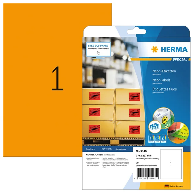Etiket HERMA 5149 210x297mm A4 fluor or 20st
