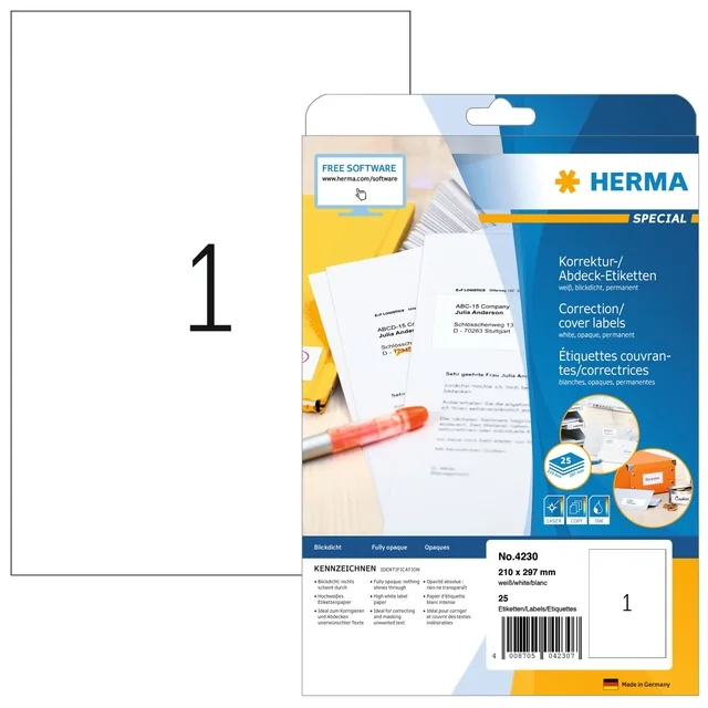 Etiket HERMA 4230 210x297mm A4 correctie wit 25st