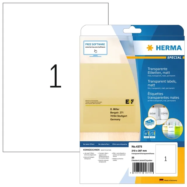 Etiket HERMA 4375 210x297mm A4 transparant 25st