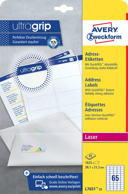 Etiket Avery L7651-25 38.1x21.2mm wit 1625st