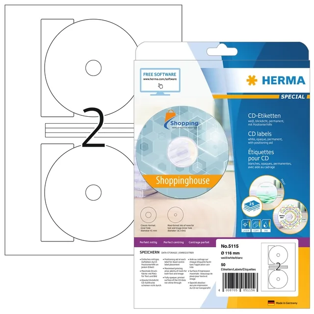 Etiket HERMA 5115 CD 116mm wit 50st