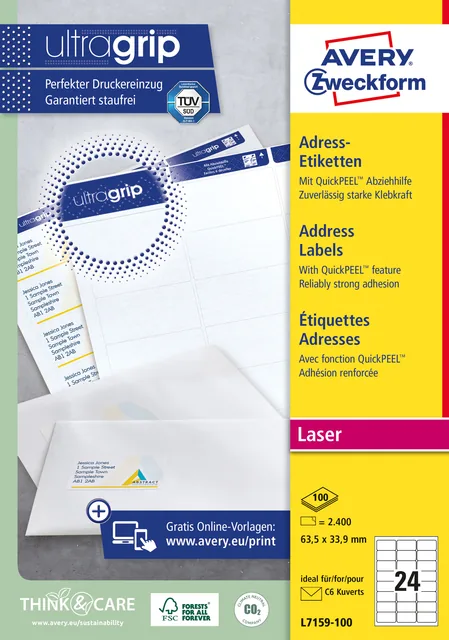 Etiket Avery L7159-100 63.5x33.9mm wit 2400st