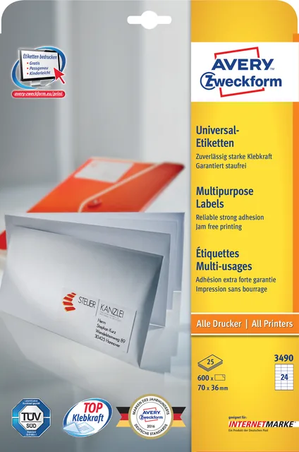 Etiket Avery 3490 70x36mm wit 600st