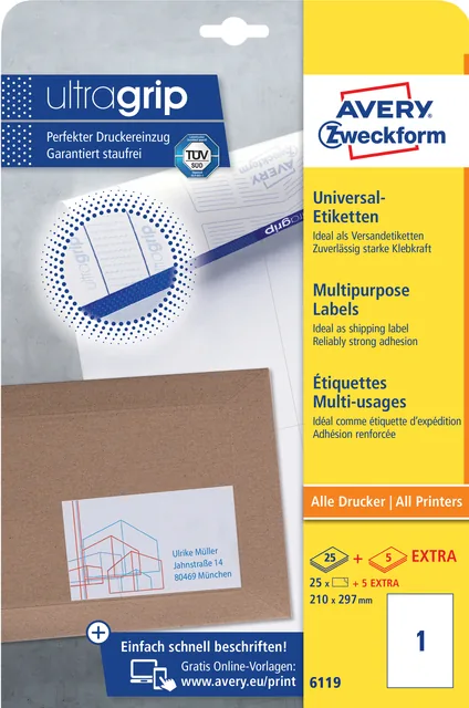 Etiket Avery 6119 210x297mm A4 wit 25st