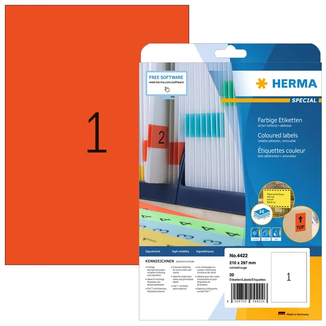 Etiket HERMA 4422 210x297mm A4 verwijderb rd 20st