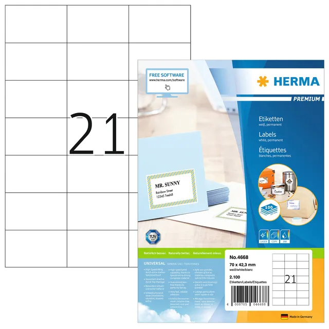 Etiket HERMA 4668 70x42.3mm premium wit 2100st